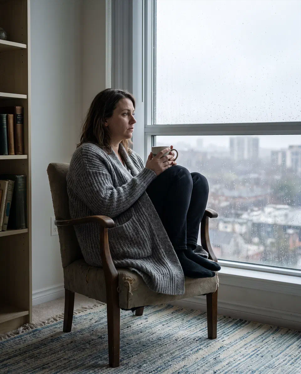 Una donna seduta vicino alla finestra in una giornata grigia, con lo sguardo assente