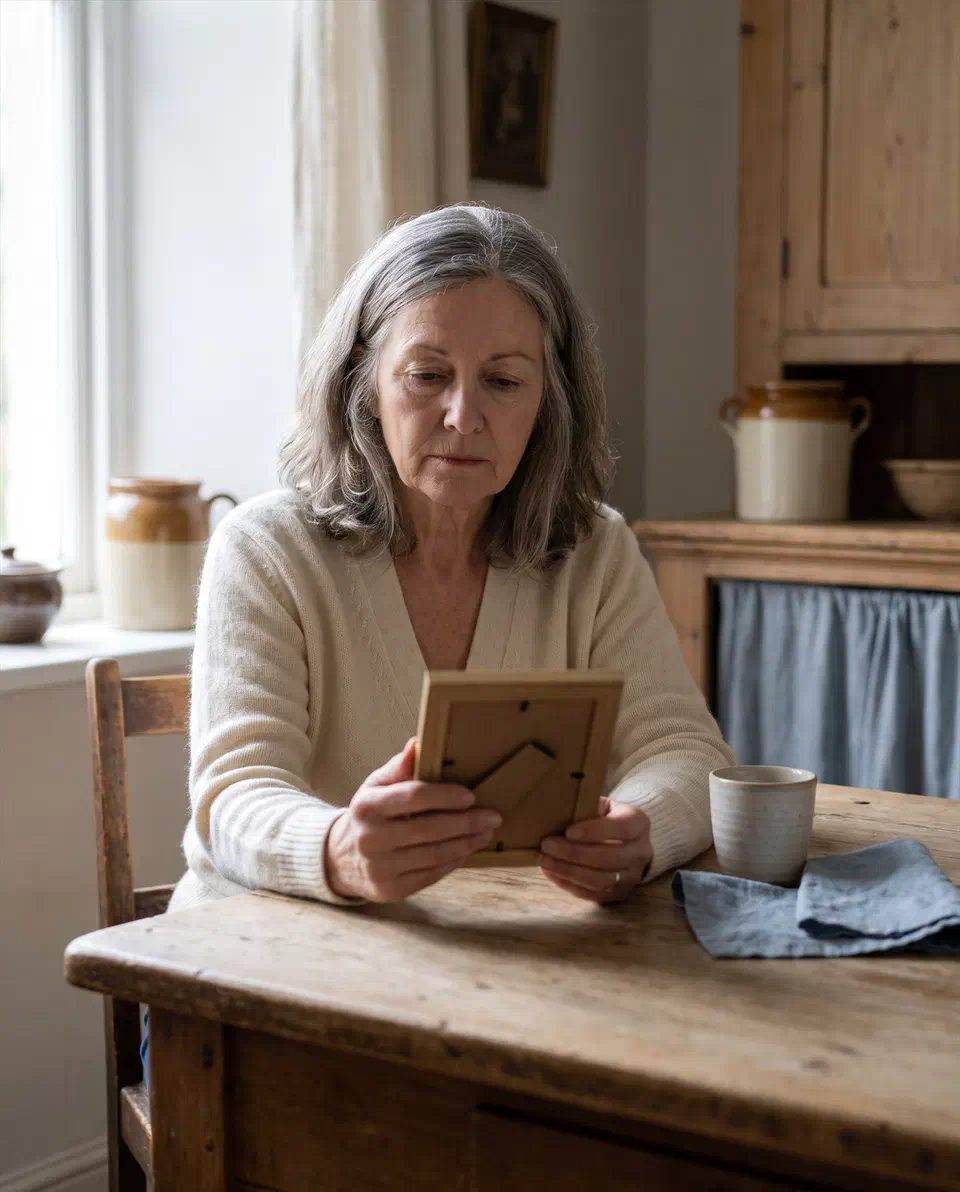 Una donna anziana al tavolo della cucina guarda una fotografia incorniciata