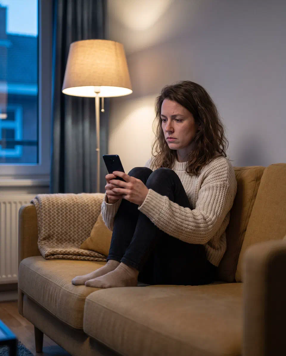 Una donna sul divano, la sera, in attesa di un messaggio sul telefono